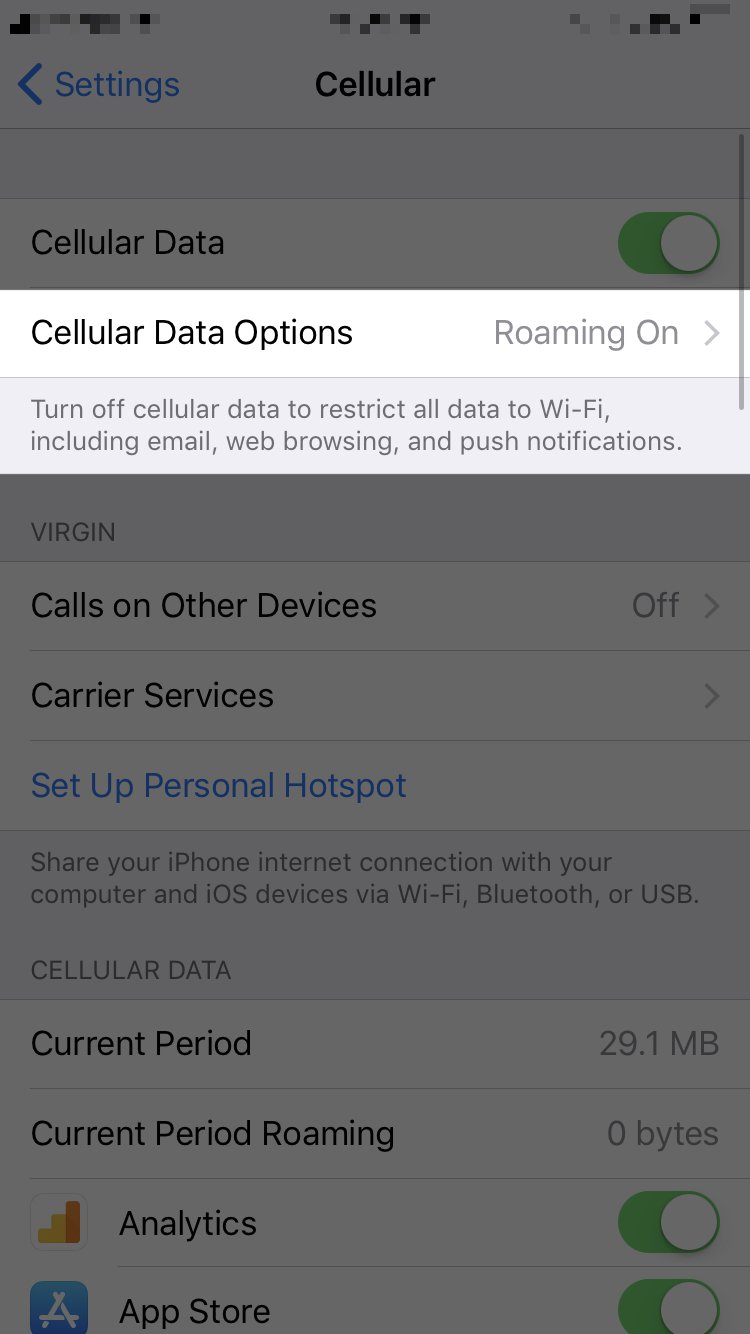 tap cellular data options