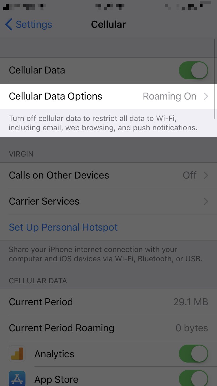 tap cellular data options