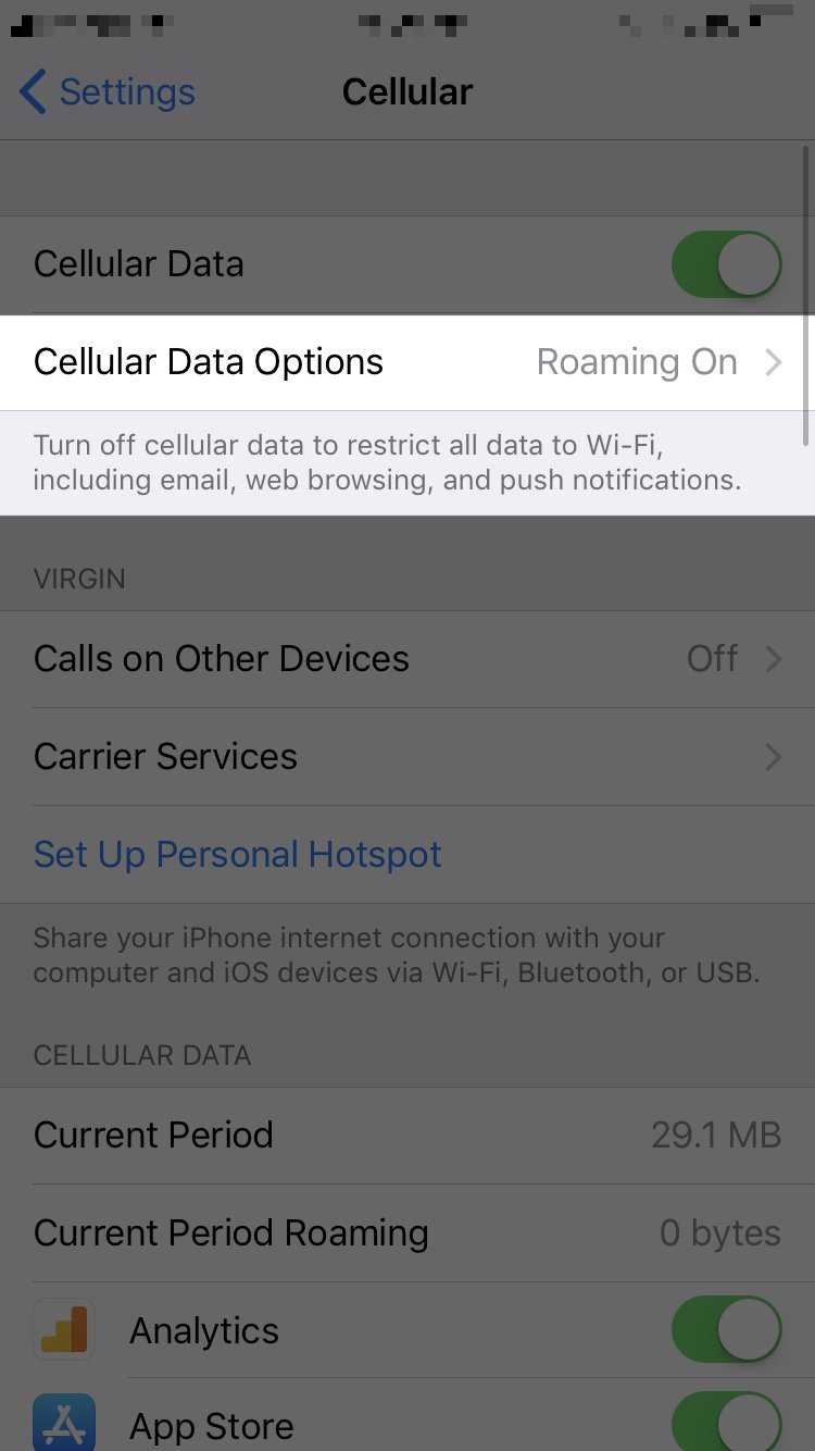 tap cellular data options