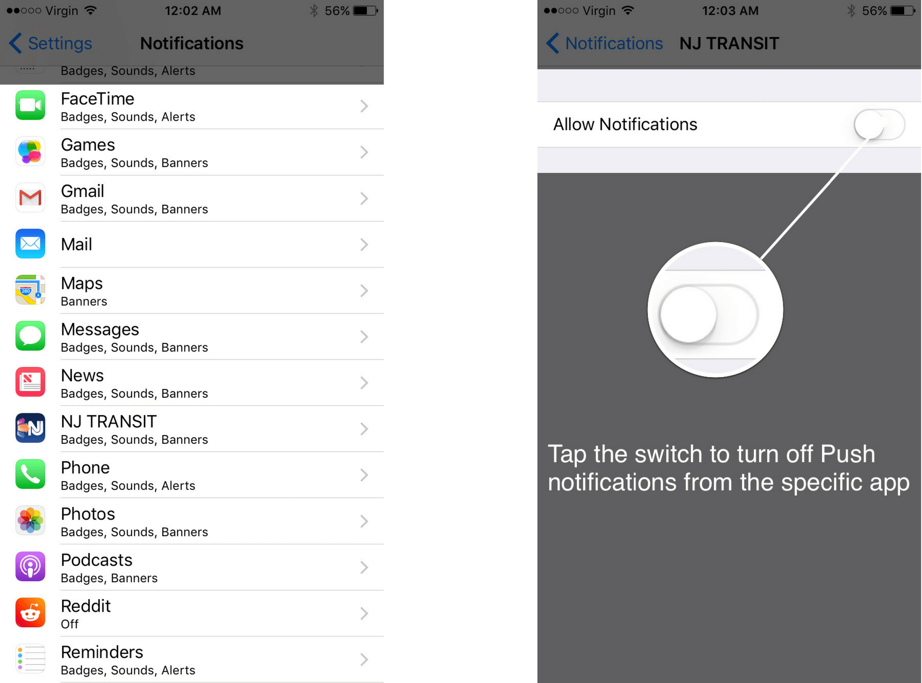 turn off app push notifications
