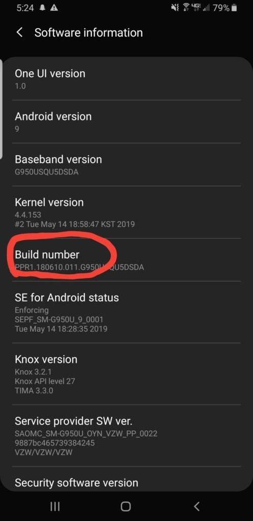 samsung galaxy build number