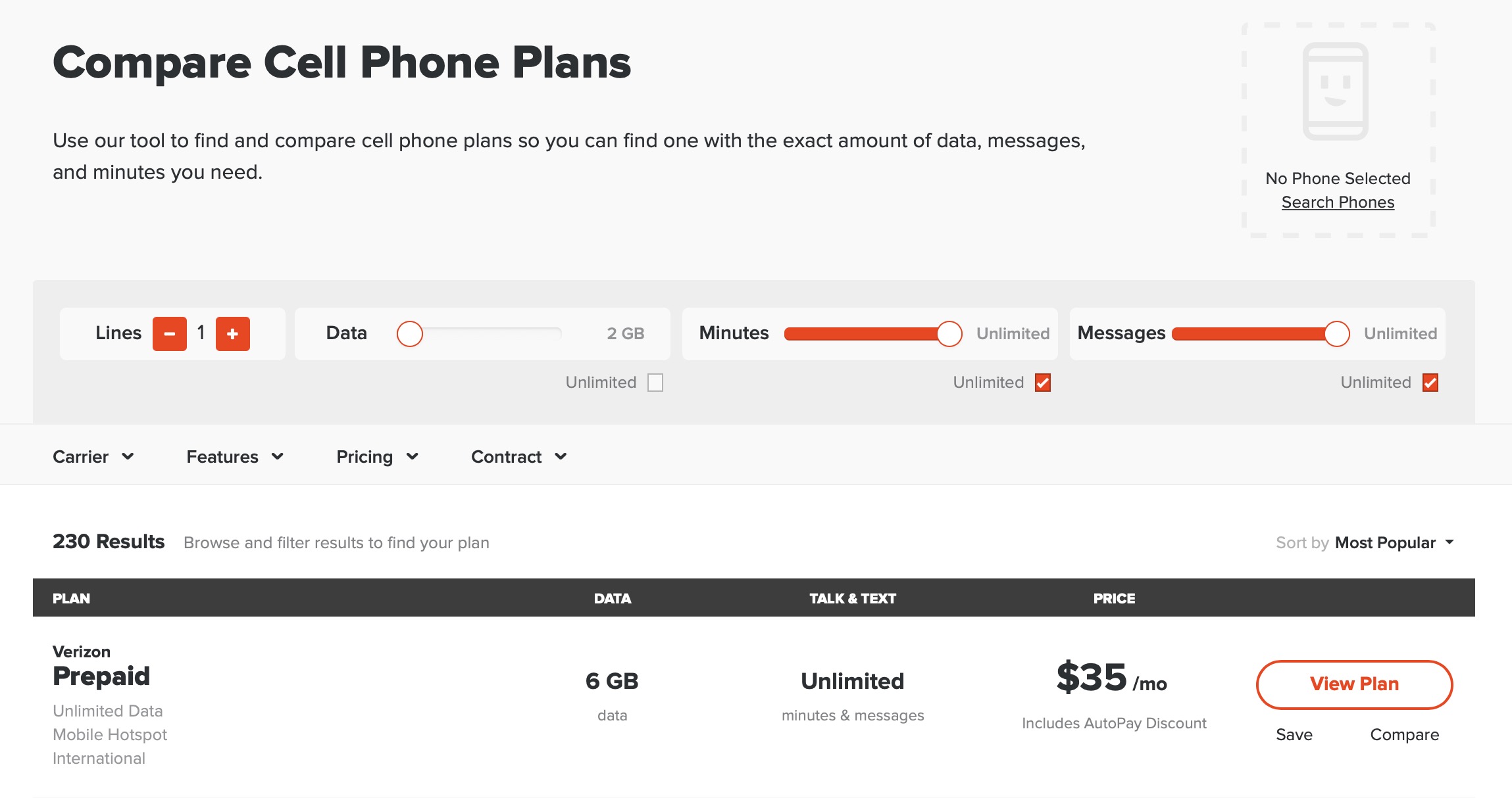upphone compare cell phone plans page