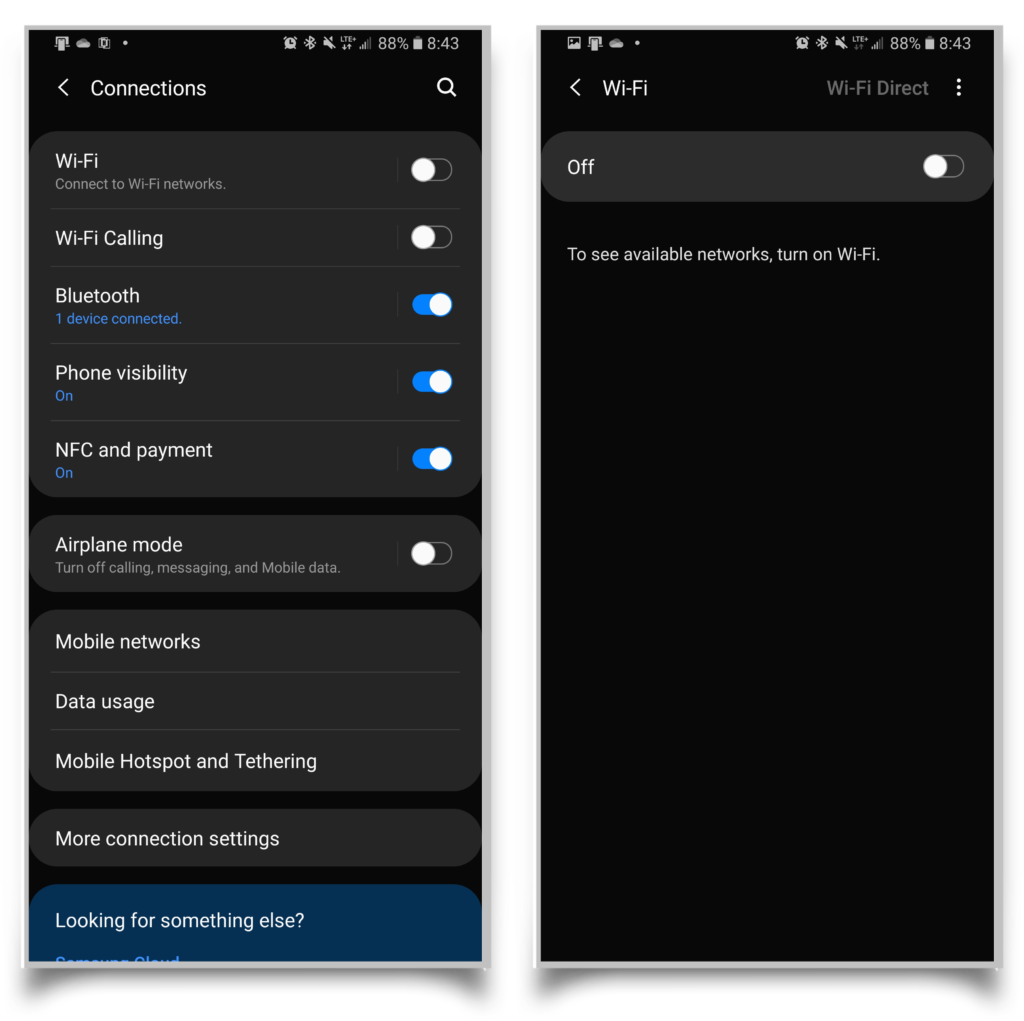 A pair of screenshots showing you where to find your Wi-Fi settings. This may help you download apps on your Android phone. 