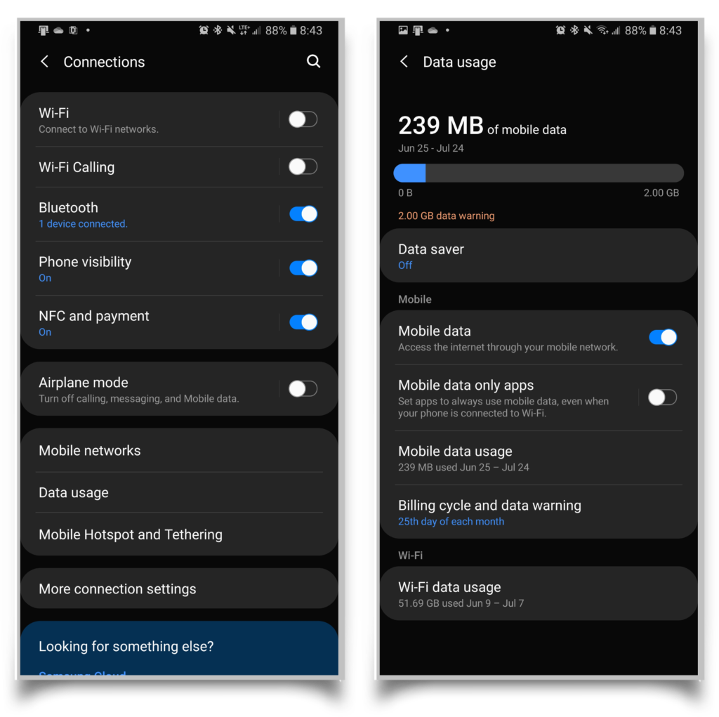 A pair of screenshots showing where to find your mobile data settings on a Samsung phone. This may help your Android download apps. 