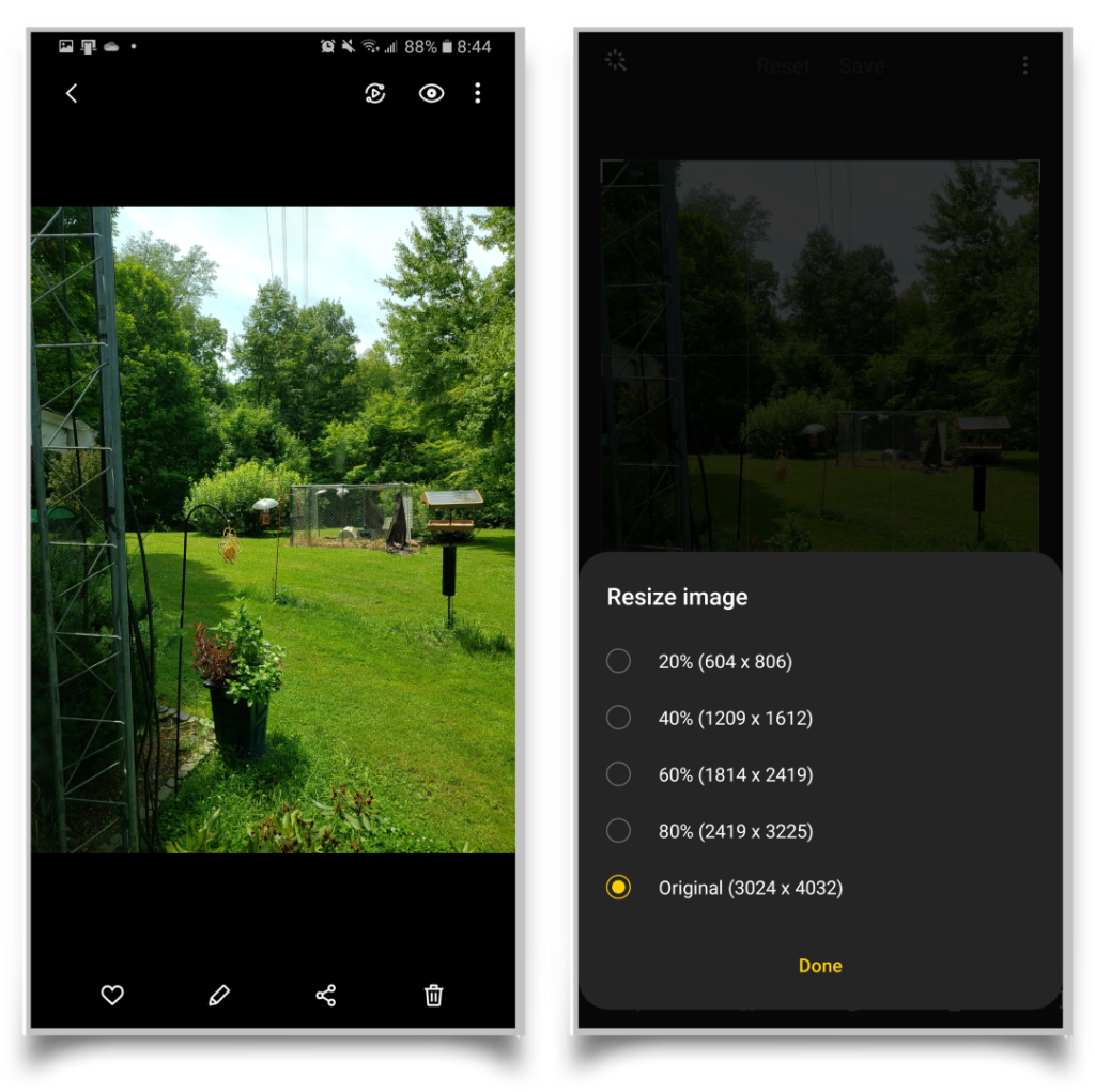 A pair of screenshots showing that you can resize images to have them take up less storage space. 