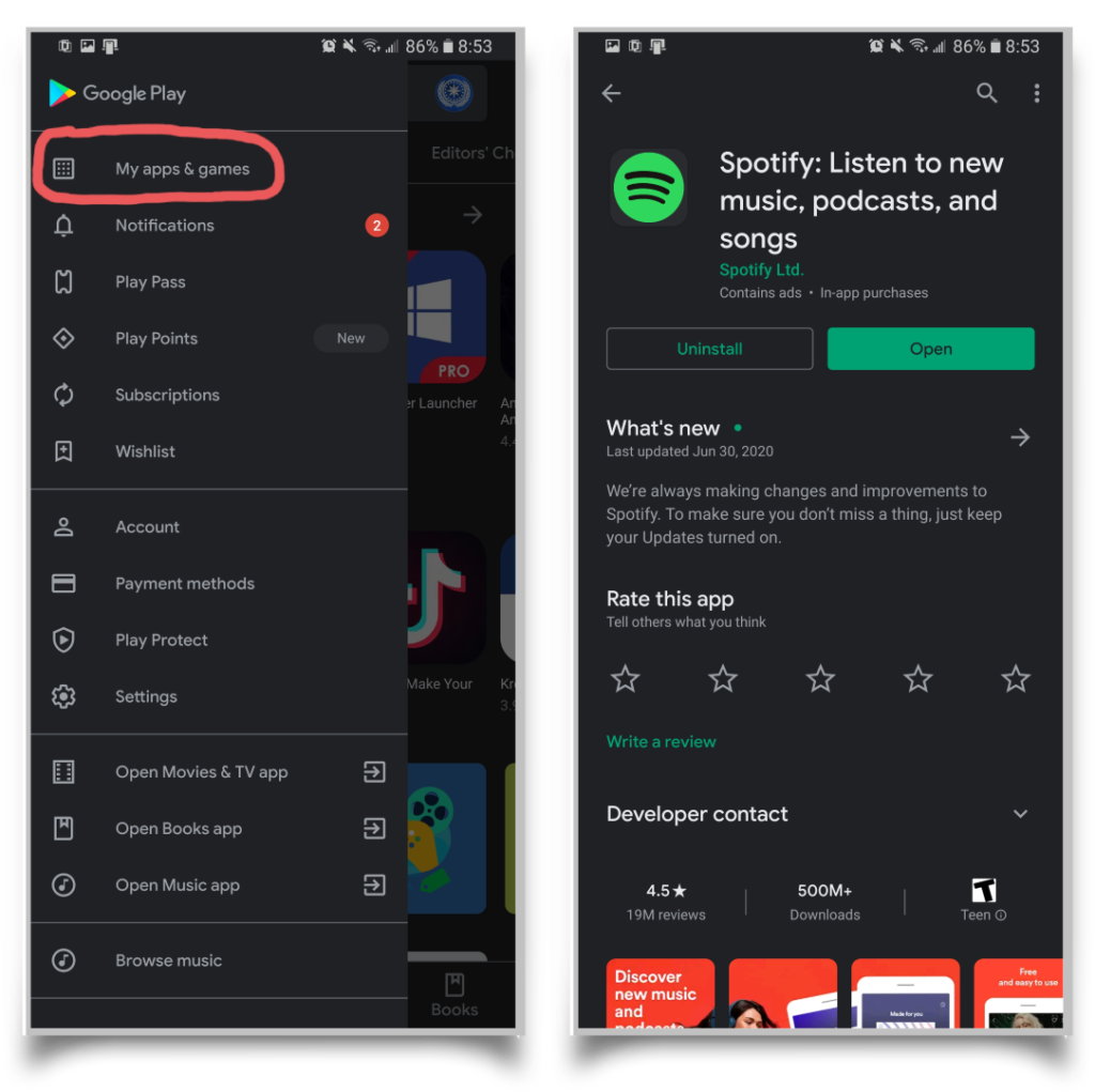 A pair of screenshots showing how you can install an update for Spotify. 