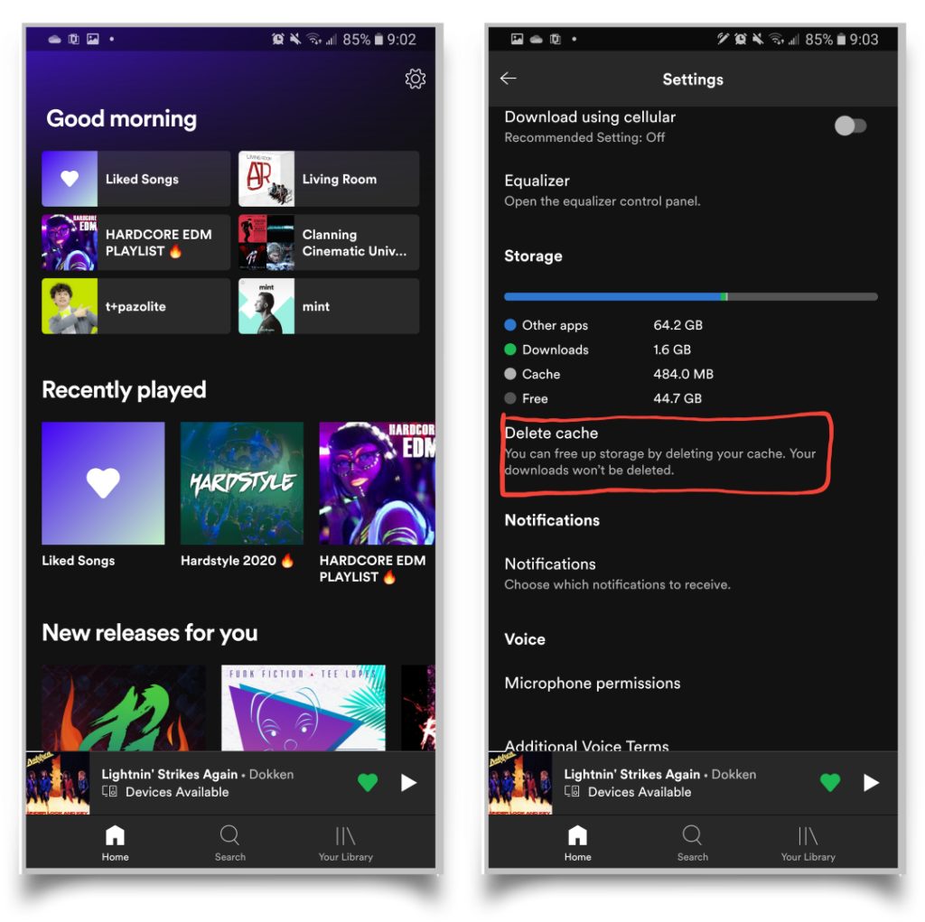 A pair of screenshots showing how you can clear the Spotify's cache. 