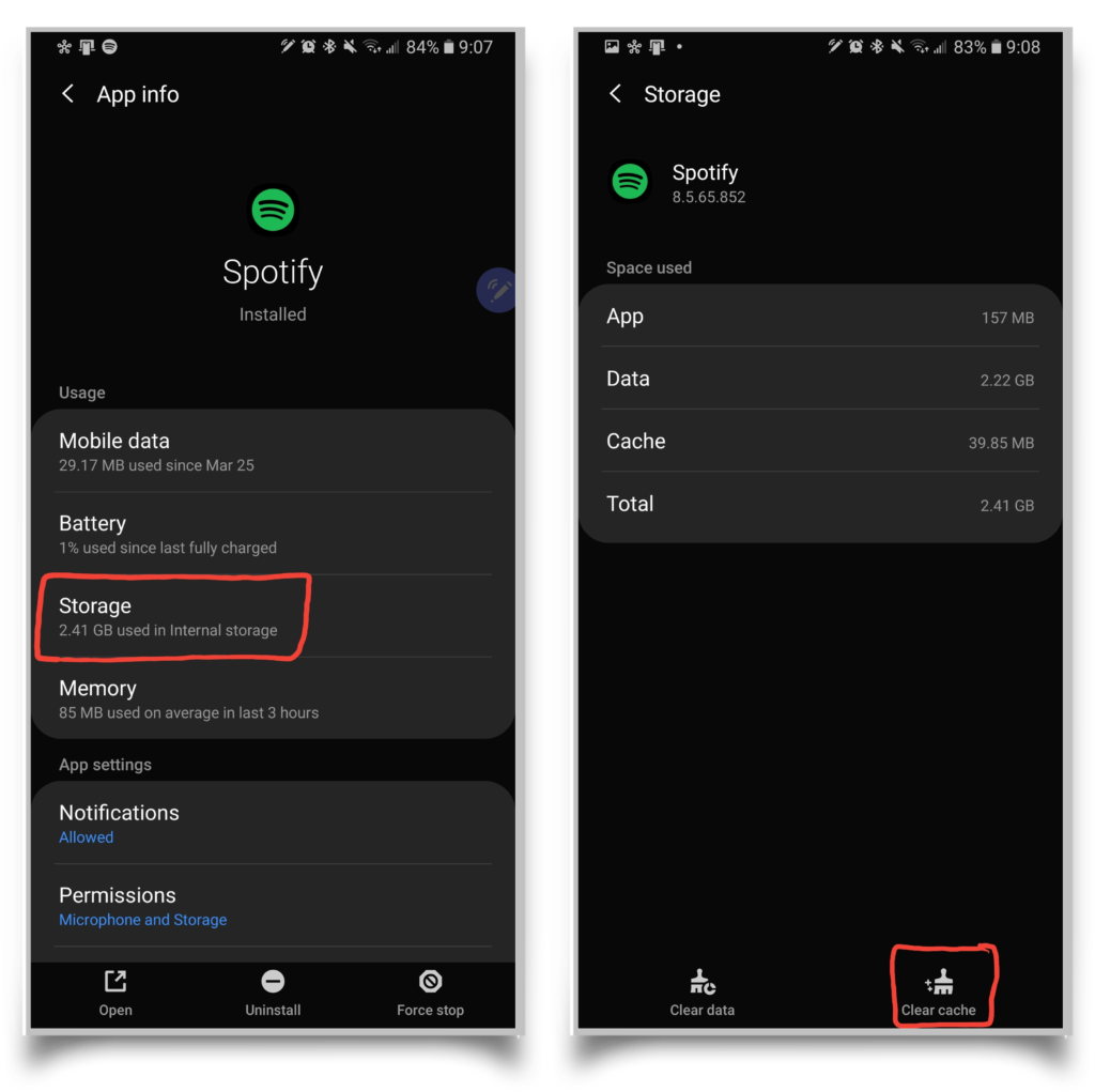 A pair of screenshots showing you how to clear Spotify's cache in the system settings. 