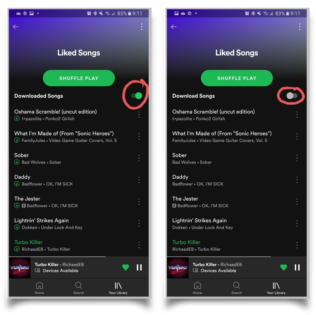 A pair of screenshots showing where to tap to remove your downloaded songs and redownload them. 