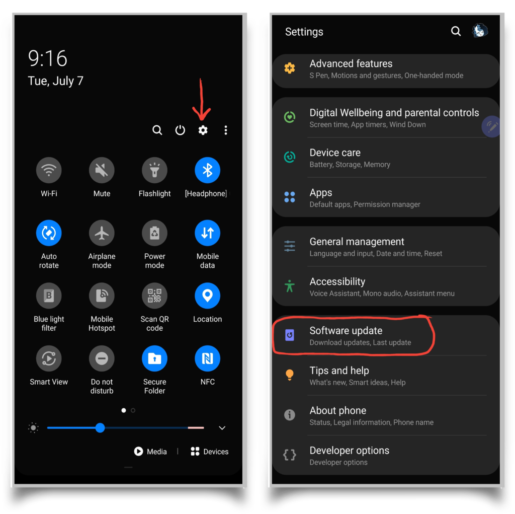 A pair of screenshots showing where to find your Android update settings. 