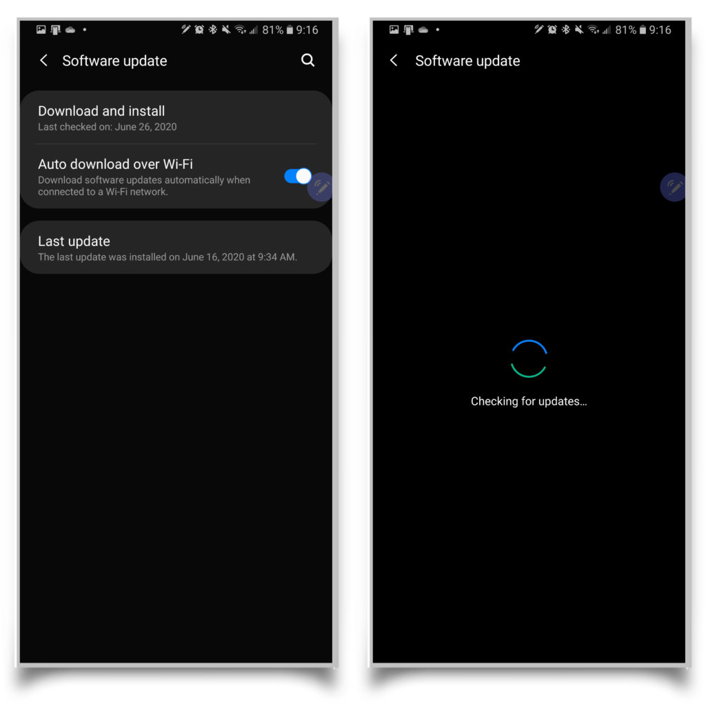 A pair of screenshots showing how you can check for a new update in the Android update settings. 