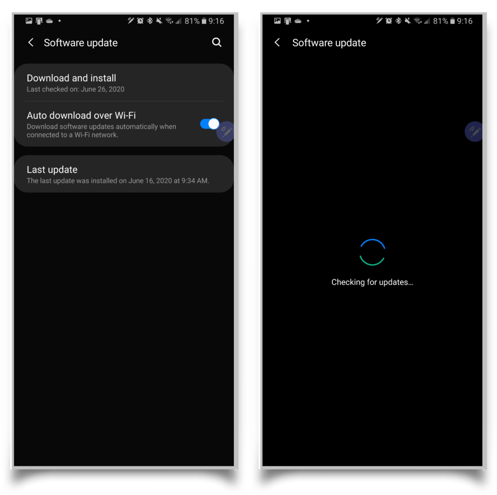 A pair of screenshots showing how you can check for a new update in the Android update settings.