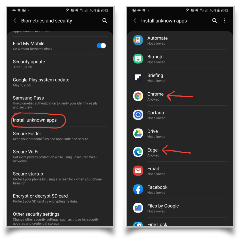 A pair of screenshots showing where the permissions settings are for installing unknown apps. 