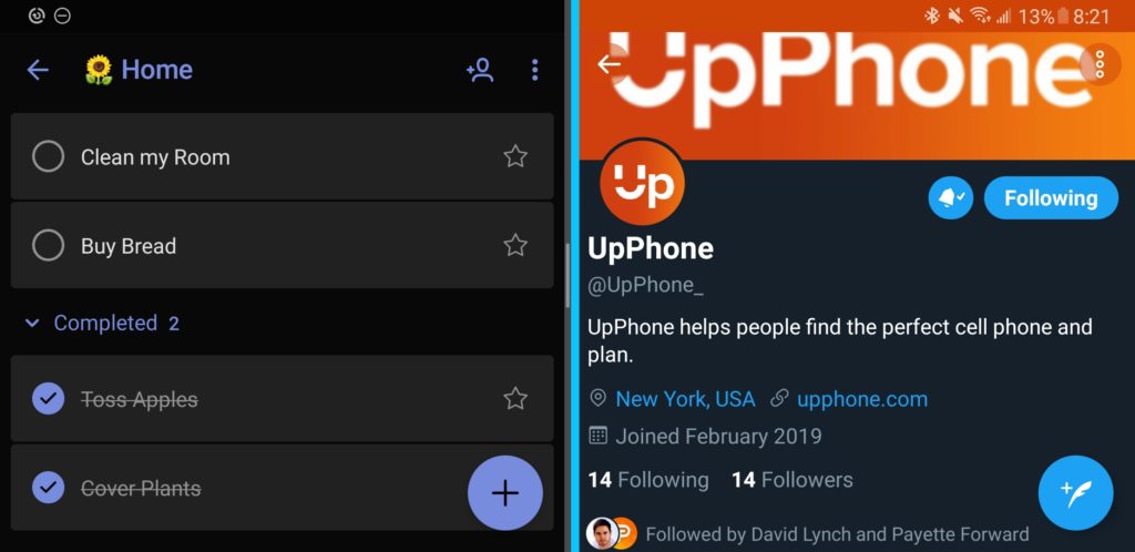 A split screen screenshot with a to-do list on the left and Twitter on the right.