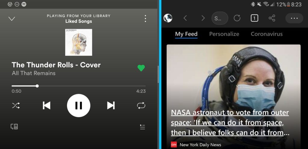 A split-screen screenshot showing Spotify on the left and a news article on the right. 