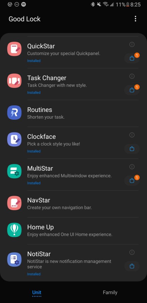 A screenshot of the Good Lock app, which gives a user access to advanced Samsung split-screen features called Multistar. 