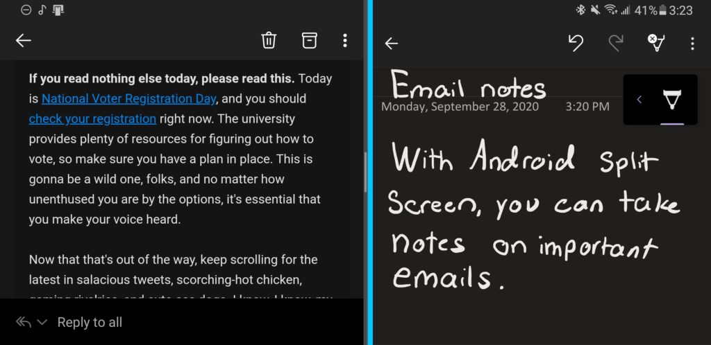A split-screen screenshot with an email on the left and notes on the right. The note says, "With Android split screen, you can take notes on important emails." 