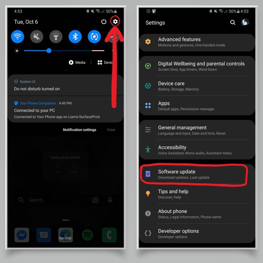 A pair of screenshots showing how to access Android software update settings.