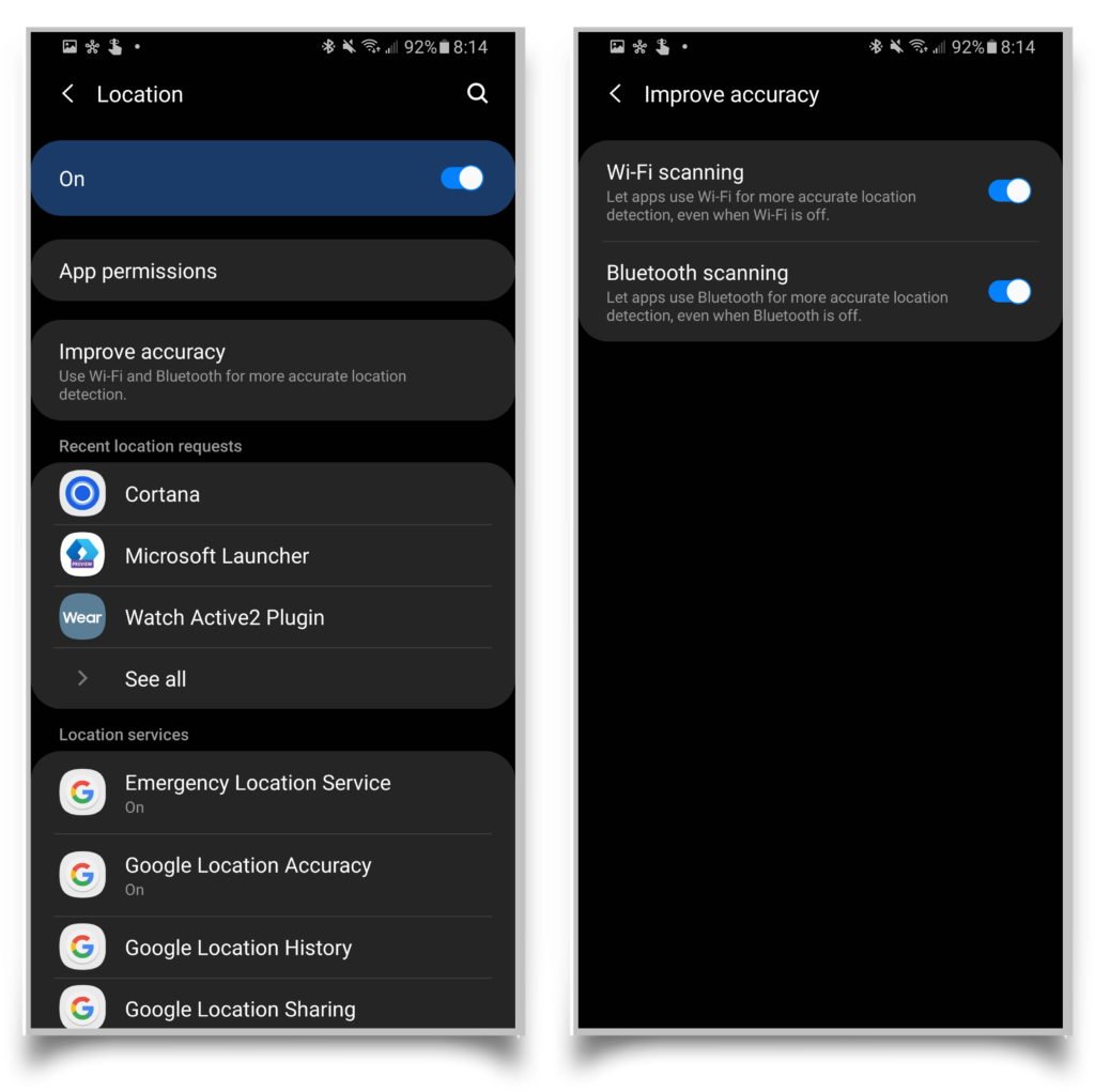 A pair of screenshots showing you how to turn off Wi-Fi scanning in the improve accuracy settings.