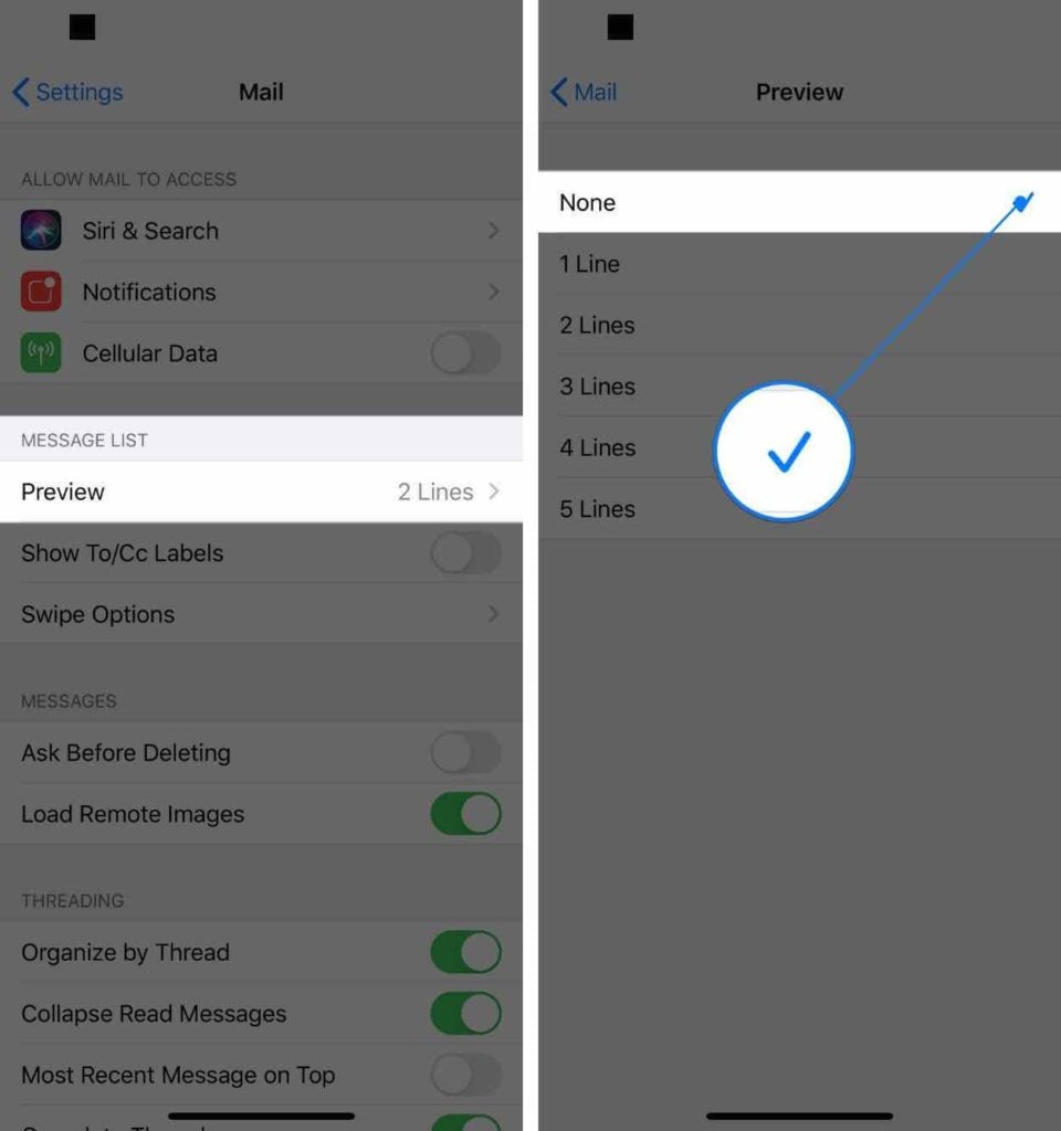 turn off mail preview on iphone