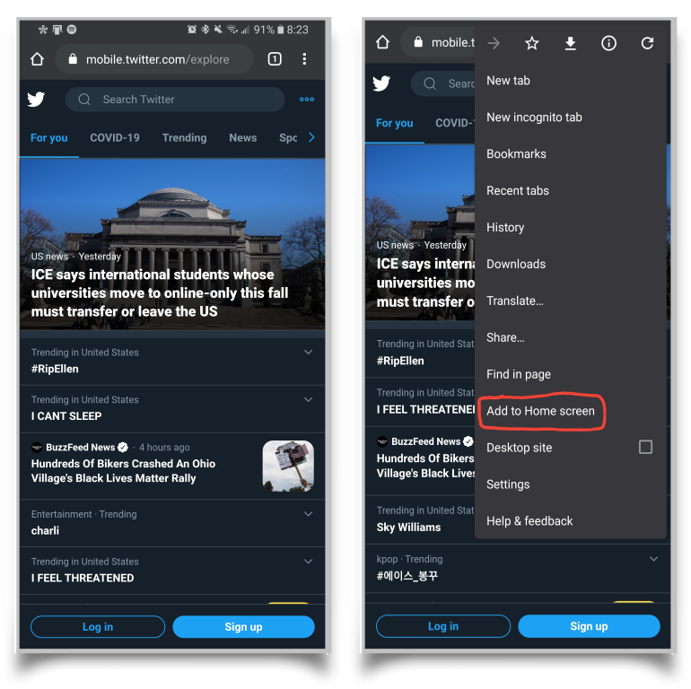 A pair of screenshots showing how to install the Twitter web app in the Android Chrome browser