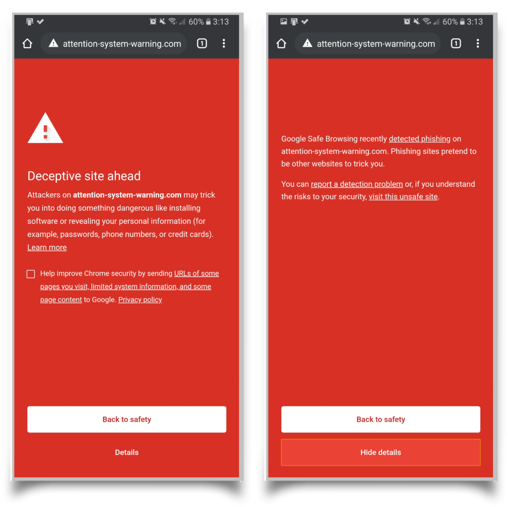 a pair of screenshots showing Google Chrome's unsafe site warning