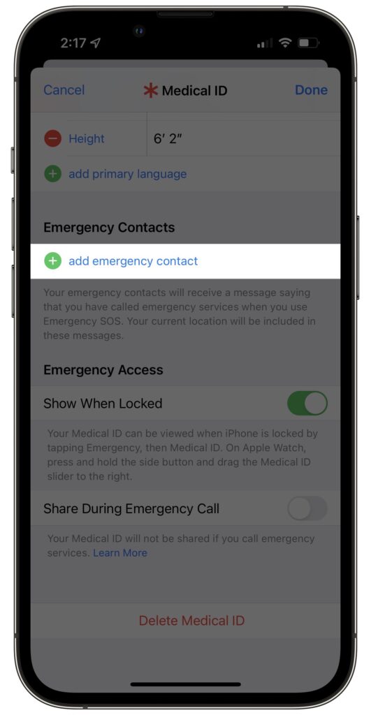 add emergency contact on iphone
