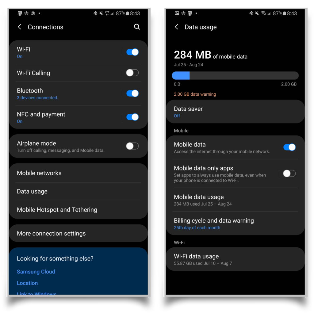 A pair of screenshots showing Network settings and then data usage settings.