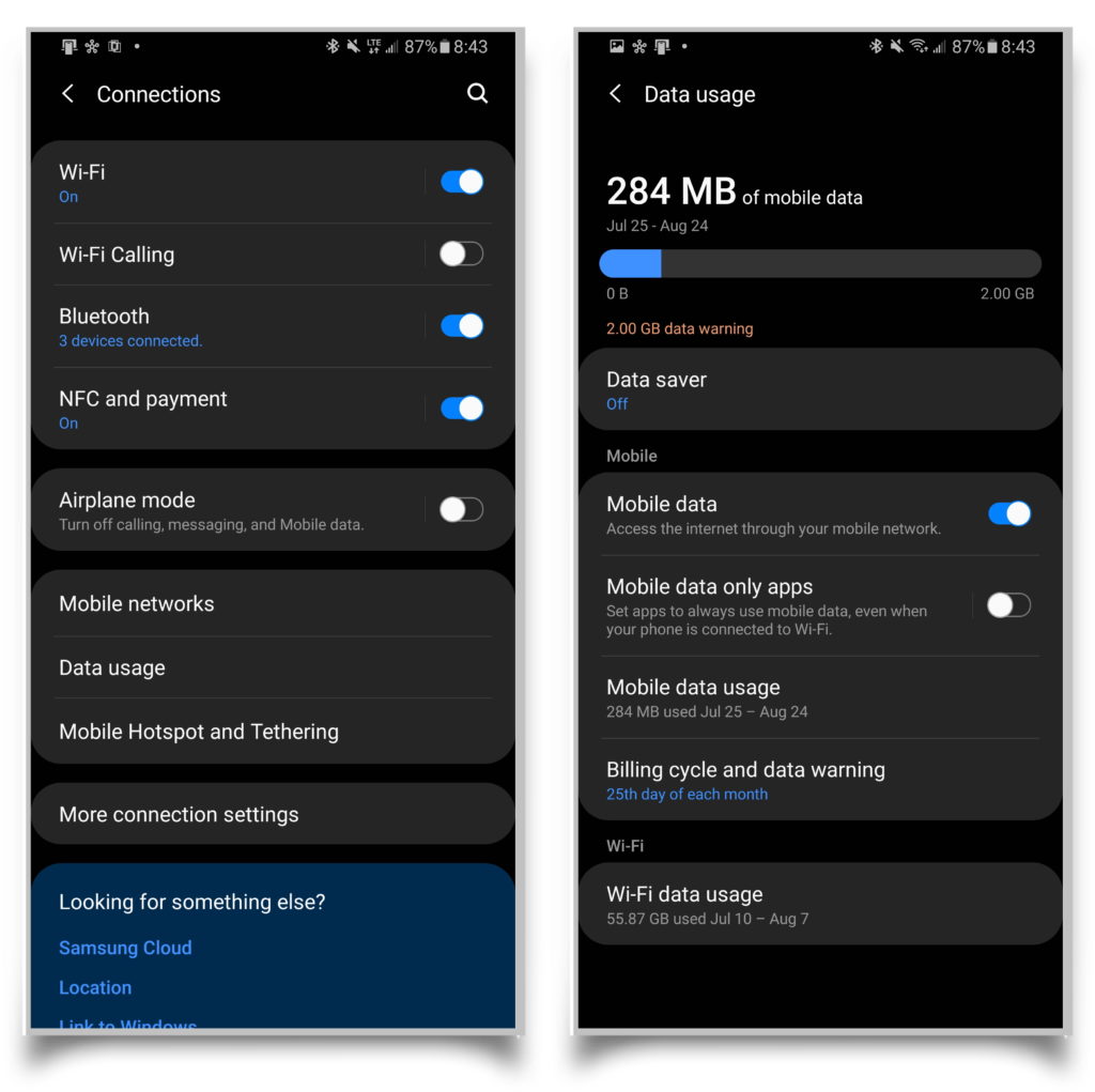 A pair of screenshots showing Network settings and then data usage settings. 