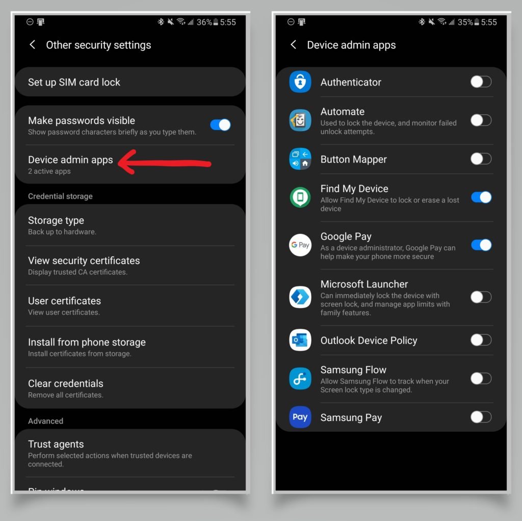 A pair of screenshots showing how to find your Android apps with device administrator permissions. 