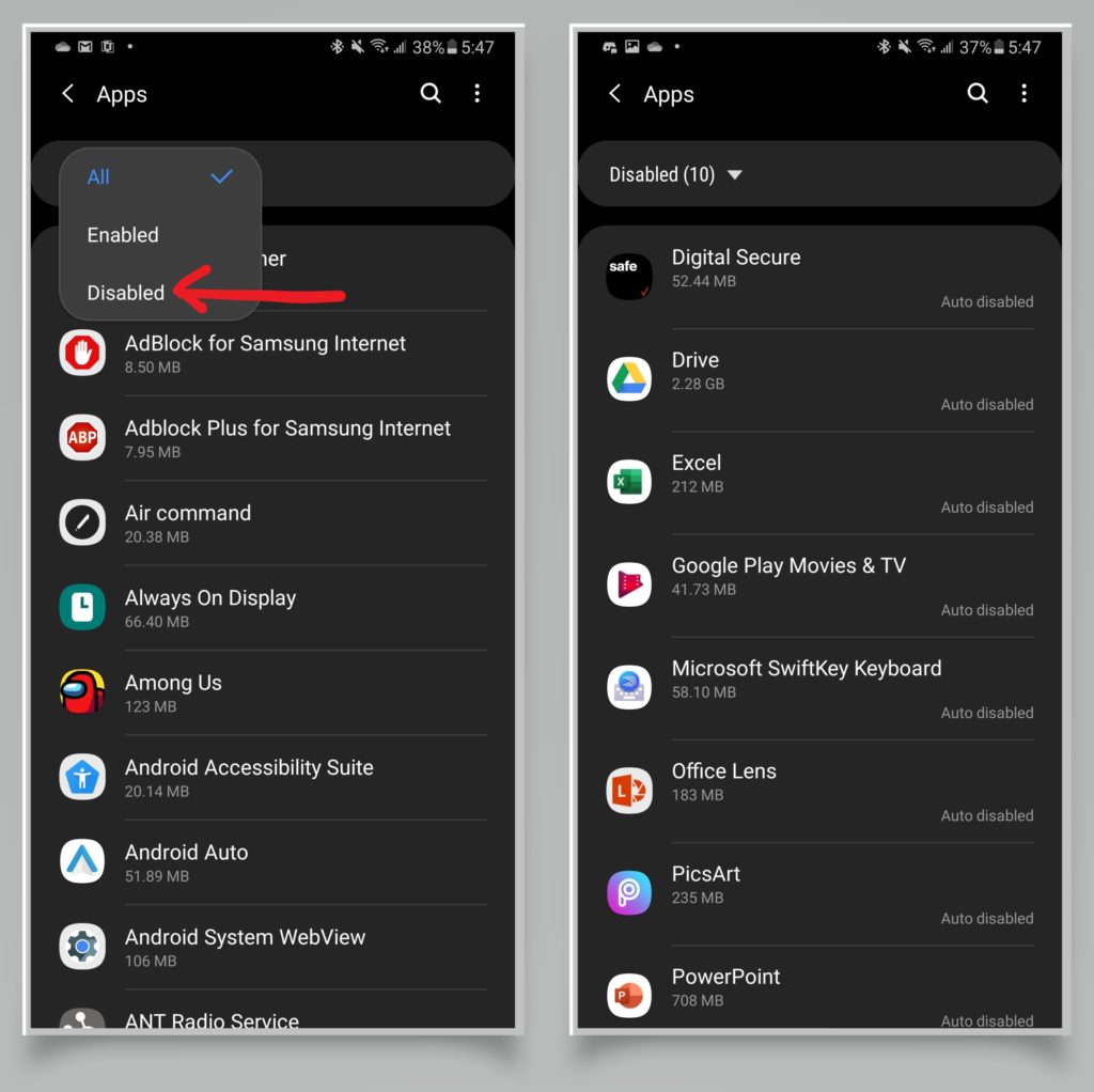 A pair of screenshots showing how to see a list of your disabled apps.