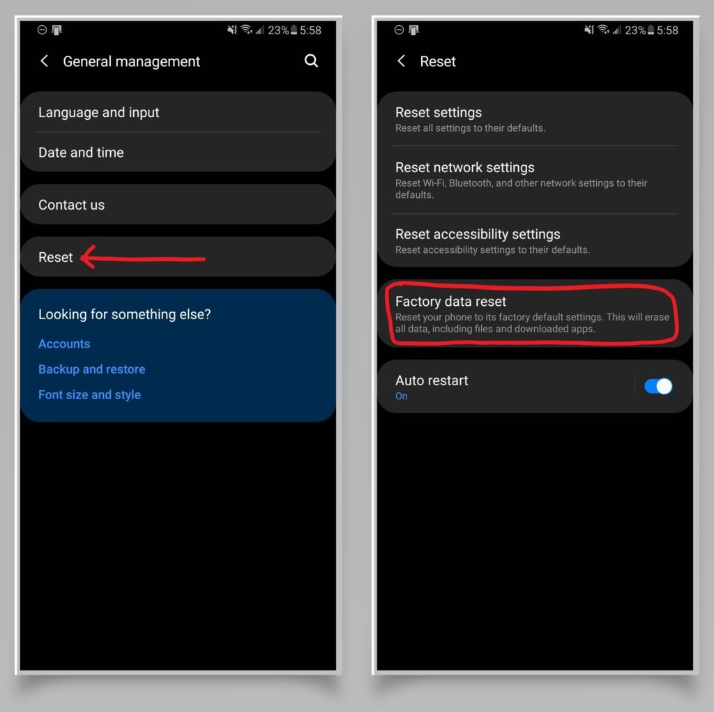 A pair of screenshots showing how to perform a factory reset on an Android device. 