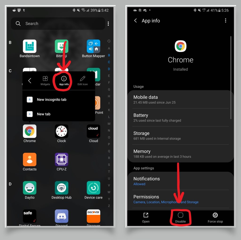 A pair of screenshots showing how to disable a preinstalled Android app. 