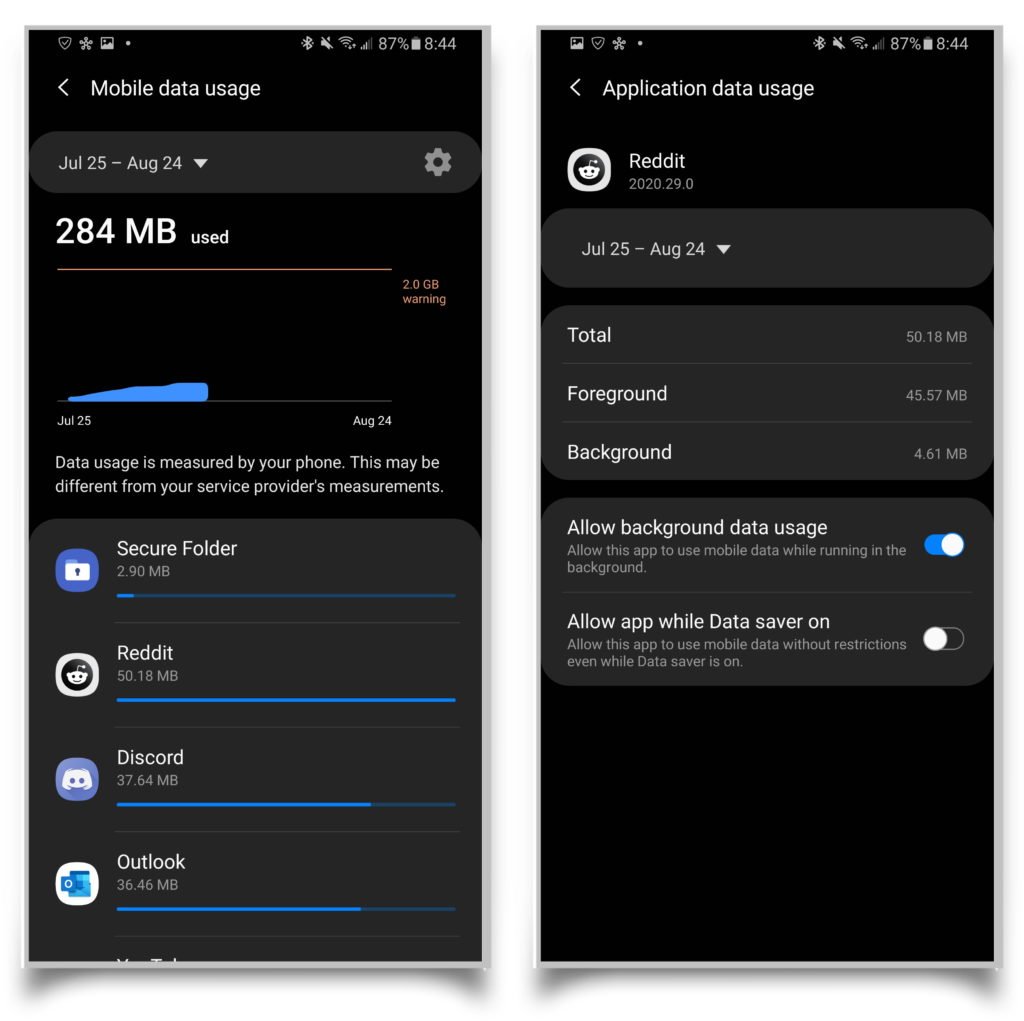 A pair of screenshots showing mobile data usage and app data usage. 