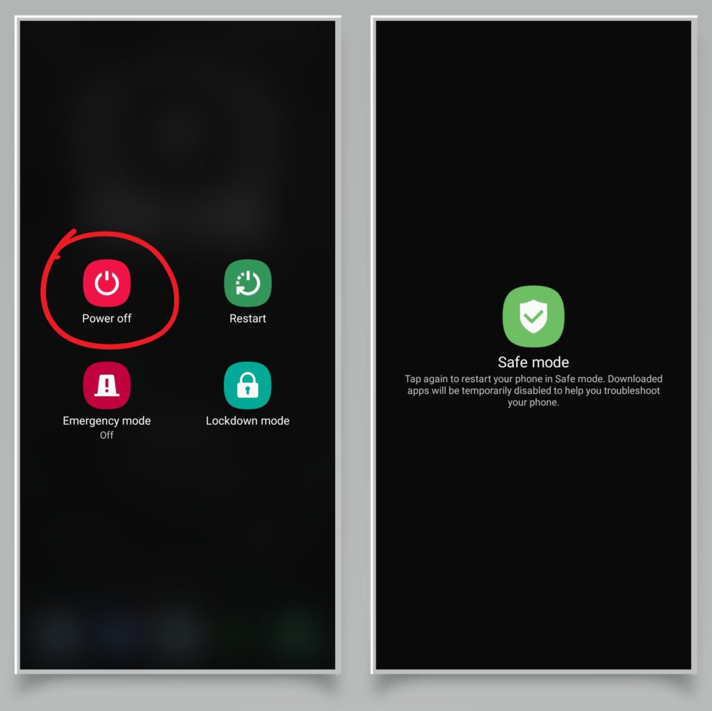 A pair of screenshots showing how to activate Android safe mode.