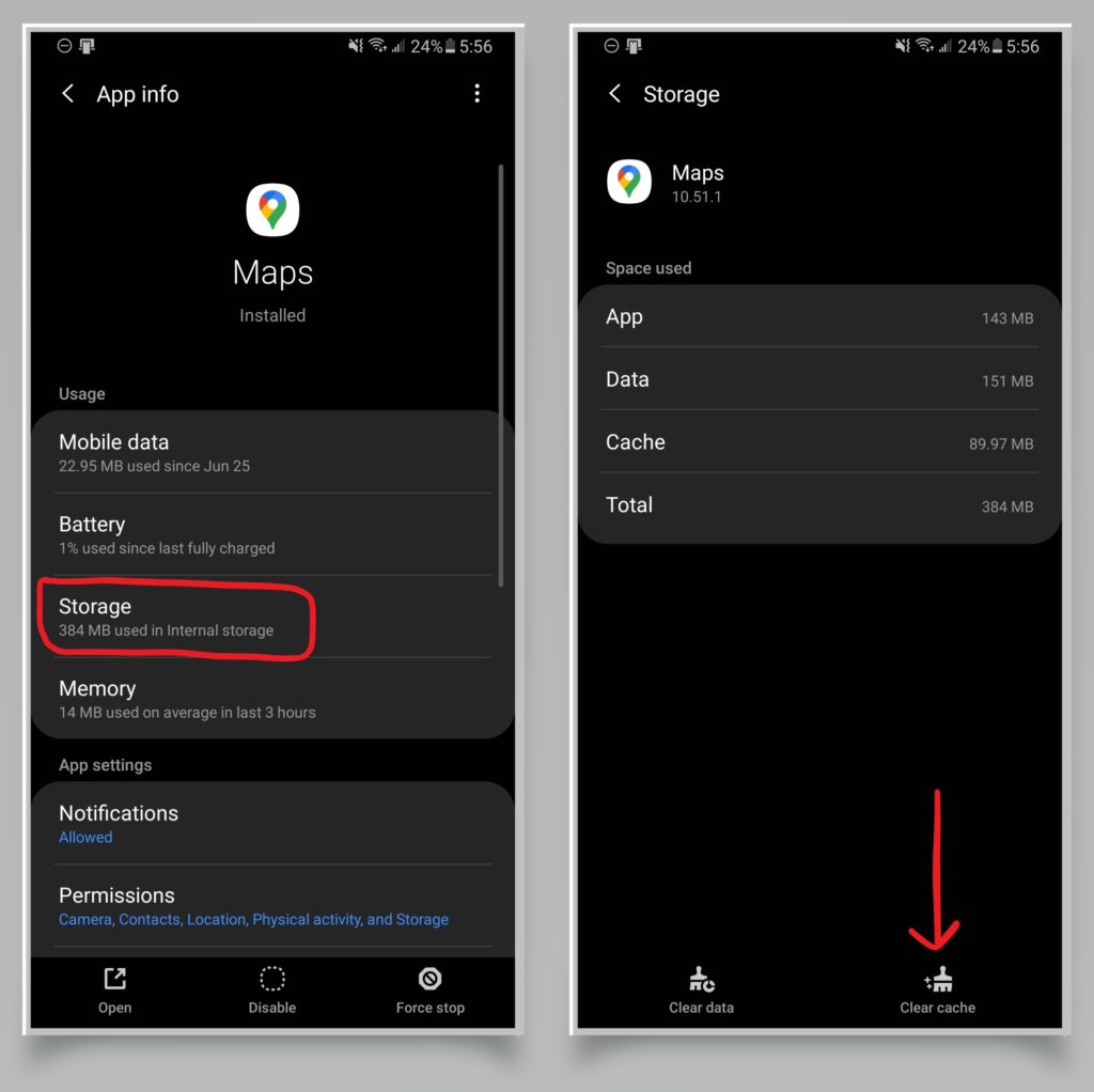A pair of screenshots showing how to clear the cache for an Android app. 