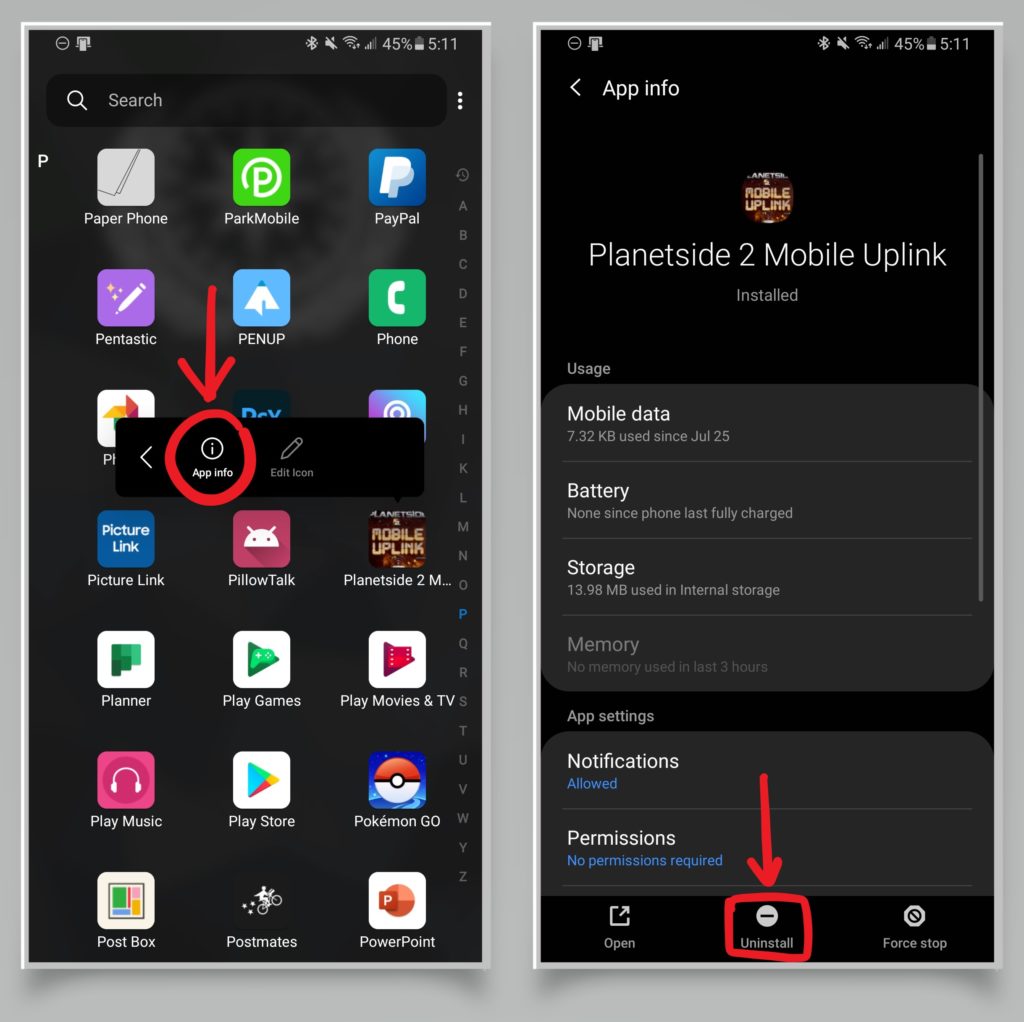 A pair of screenshots showing how to uninstall an app. 