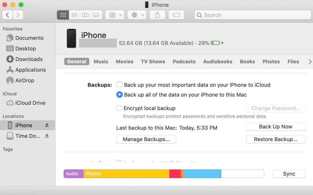 backup iPhone using finder non specific