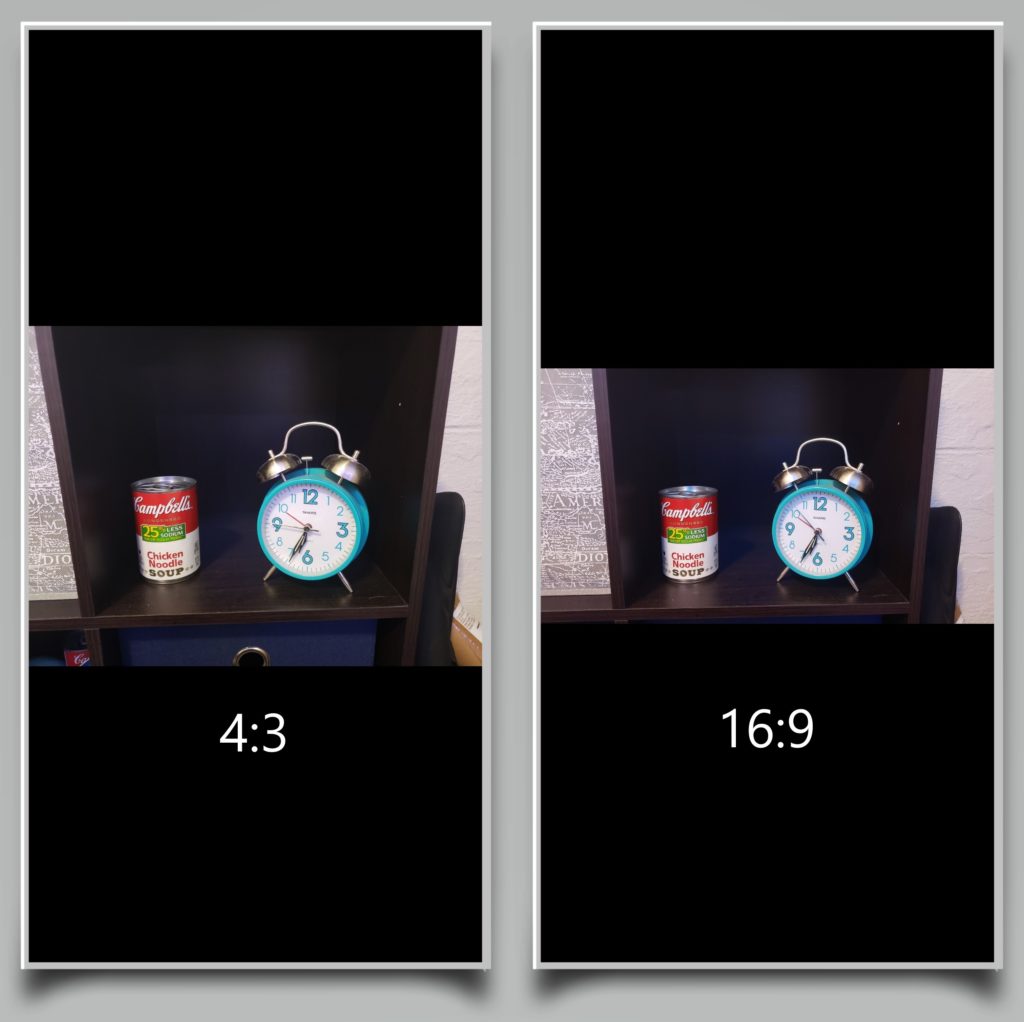 A pair of screenshots showing the difference between a 4:3 aspect ratio and 16:9 aspect ratio on a cell phone in portrait mode. 
