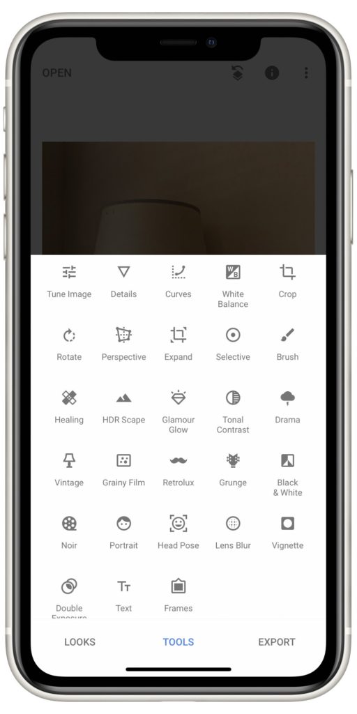 Tools in Snapseed for iPhone