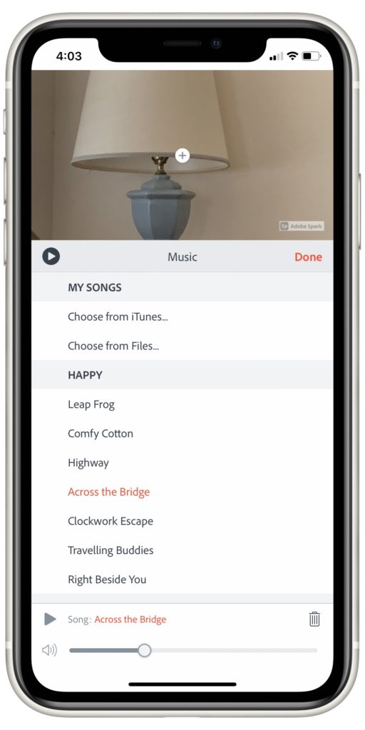 Adobe Spark for iPhone Music selection