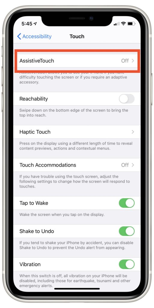 Touch in iPhone settings