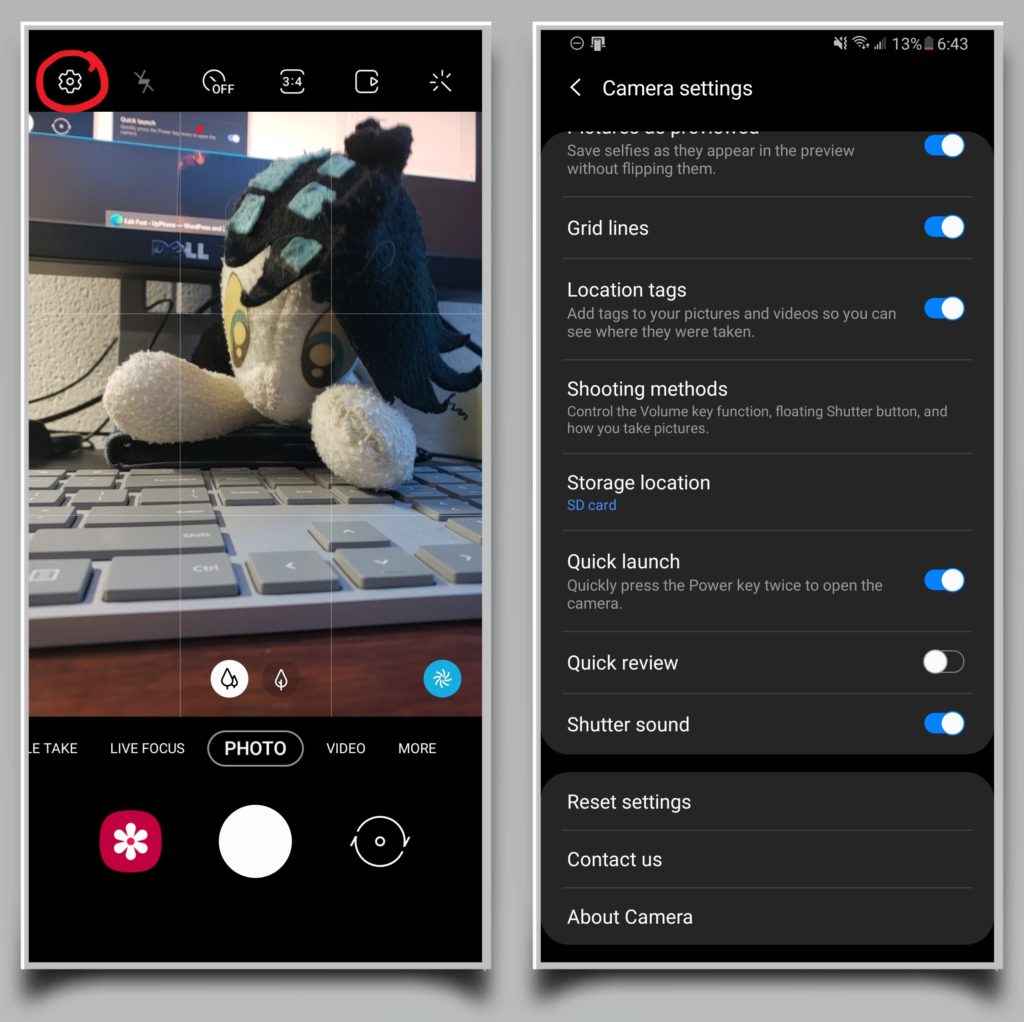 A pair of screenshots demonstrating how to open Android camera settings. 