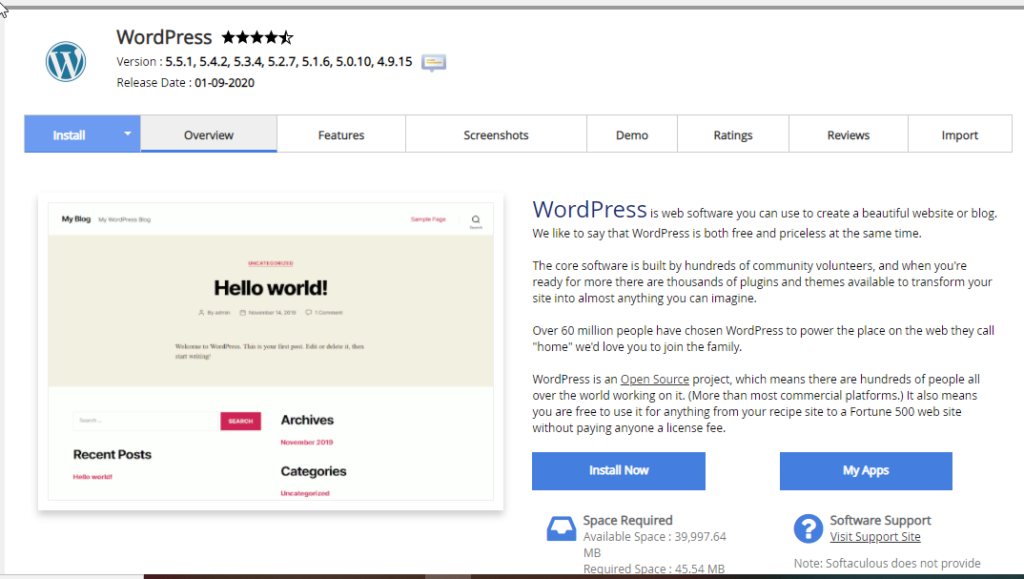 WordPress App installation page in HostArmada