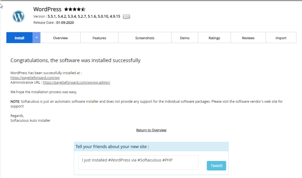 WordPress Installation Confirmation in HostArmada