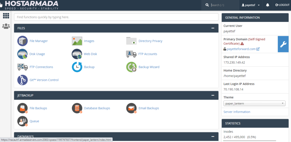 cPanel interface in HostArmada