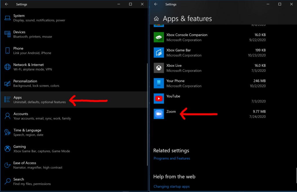Uninstall Zoom in apps and features settings