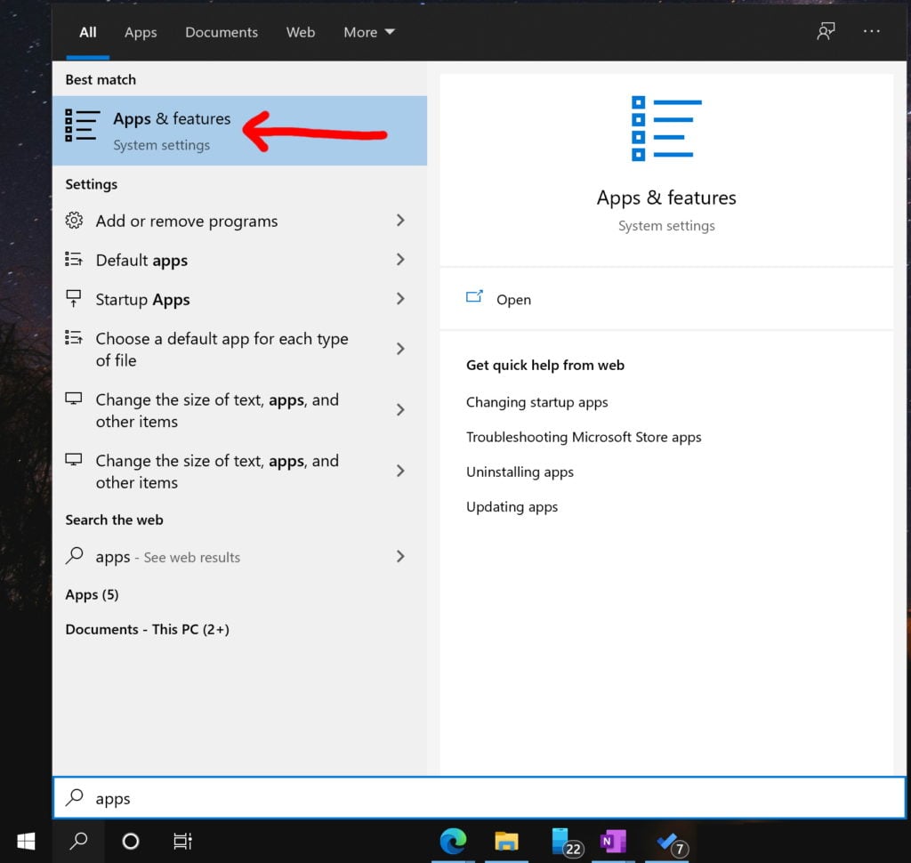 Find apps and features settings in windows search