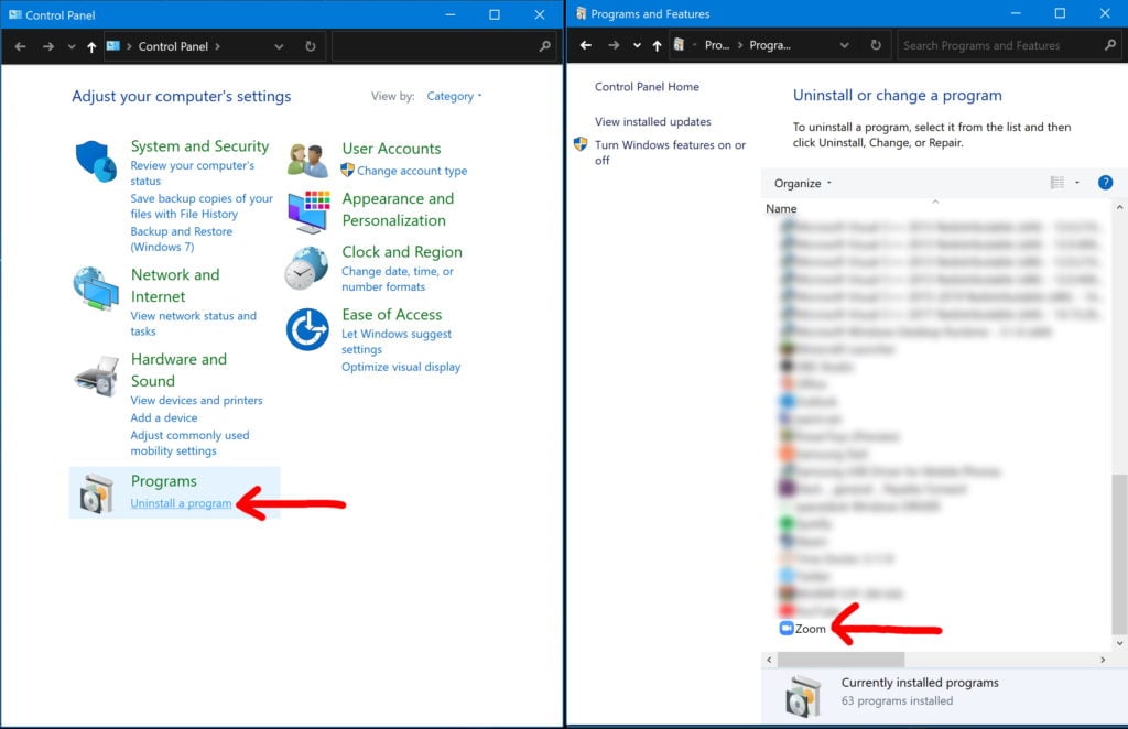 Uninstall Zoom with control panel