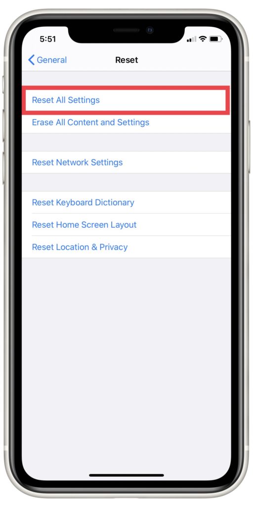 reset all settings on iPhone